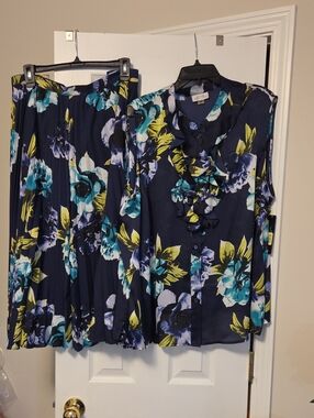 Tahari Navy Floral Ruffle Skirt Set - Blue, Teal, Yellow